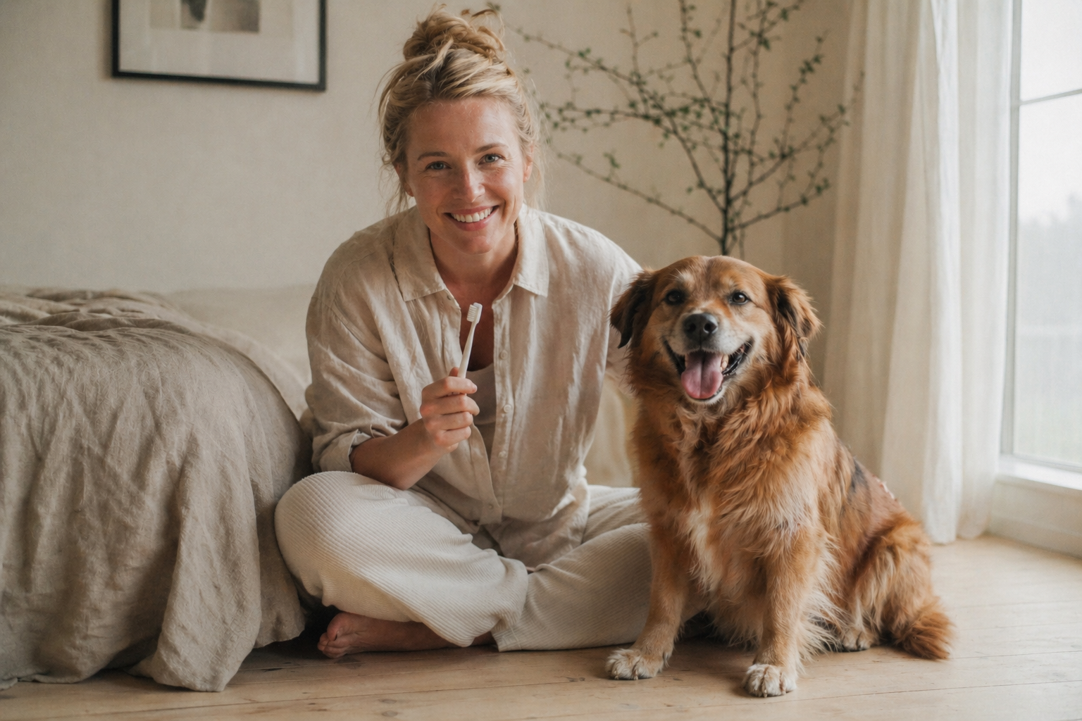 Kvinna med hund och tandborste
